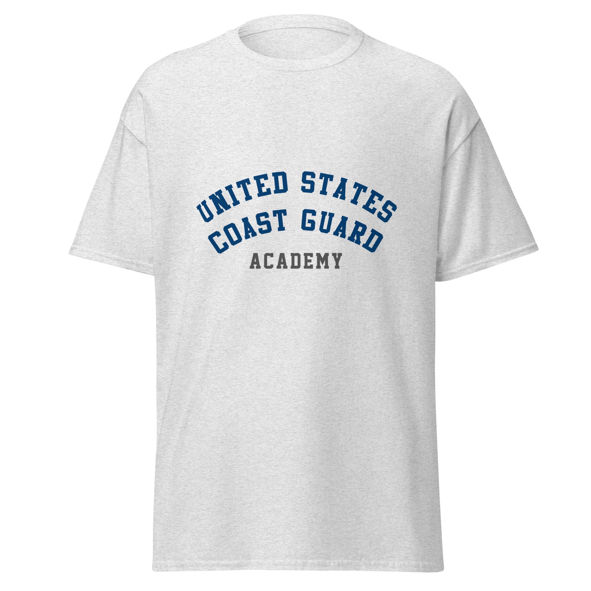 Unisex heather gray t-shirt featuring US Coast Guard Academy logo printed across the front chest
