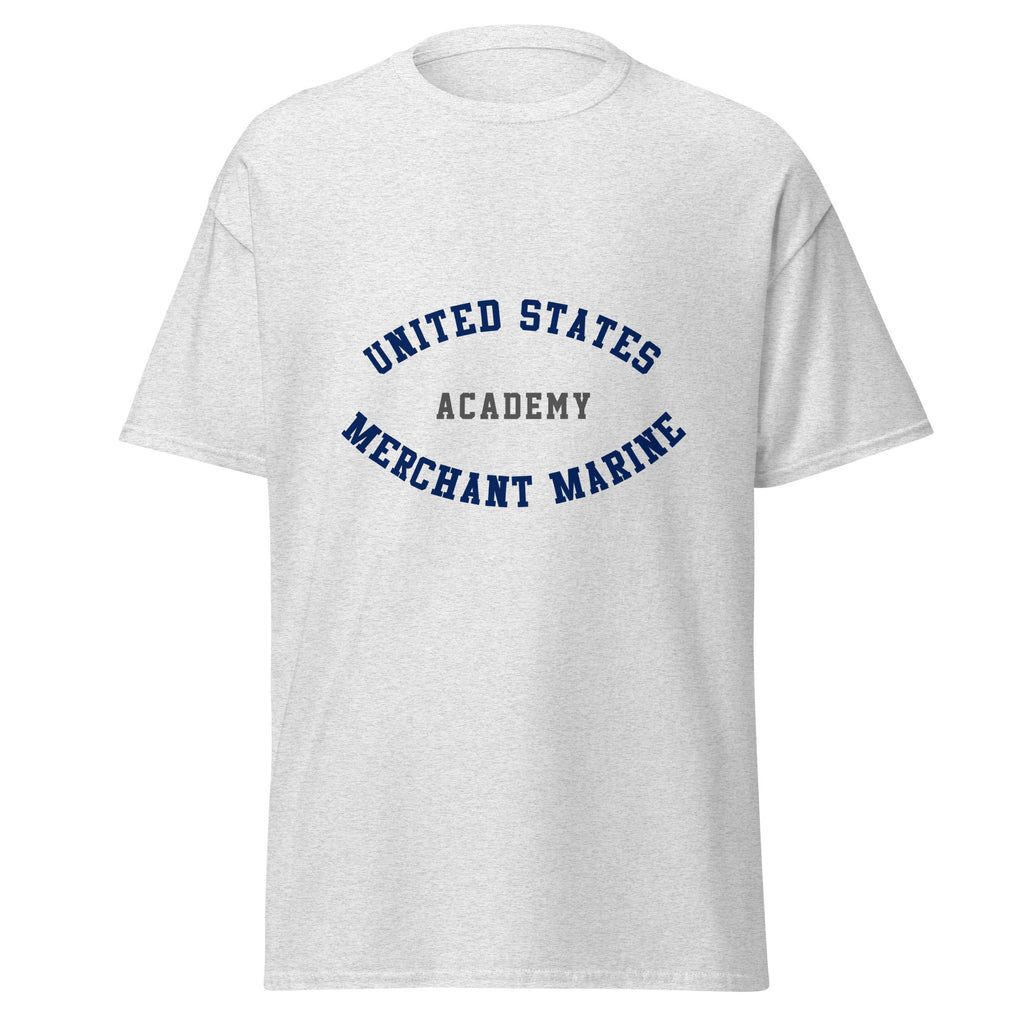 Unisex heather gray t-shirt featuring US Merchant Marine Academy logo printed across the front chest