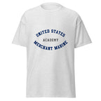 Unisex heather gray t-shirt featuring US Merchant Marine Academy logo printed across the front chest