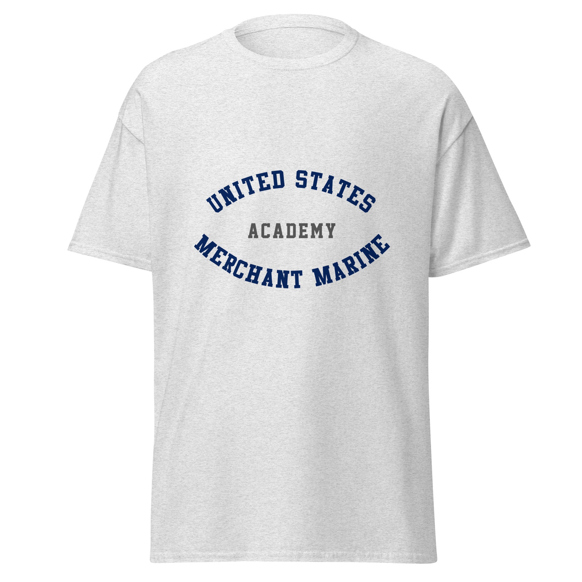Unisex heather gray t-shirt featuring US Merchant Marine Academy logo printed across the front chest
