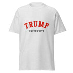 Unisex navy blue t-shirt featuring Trump University logo printed across the front chest