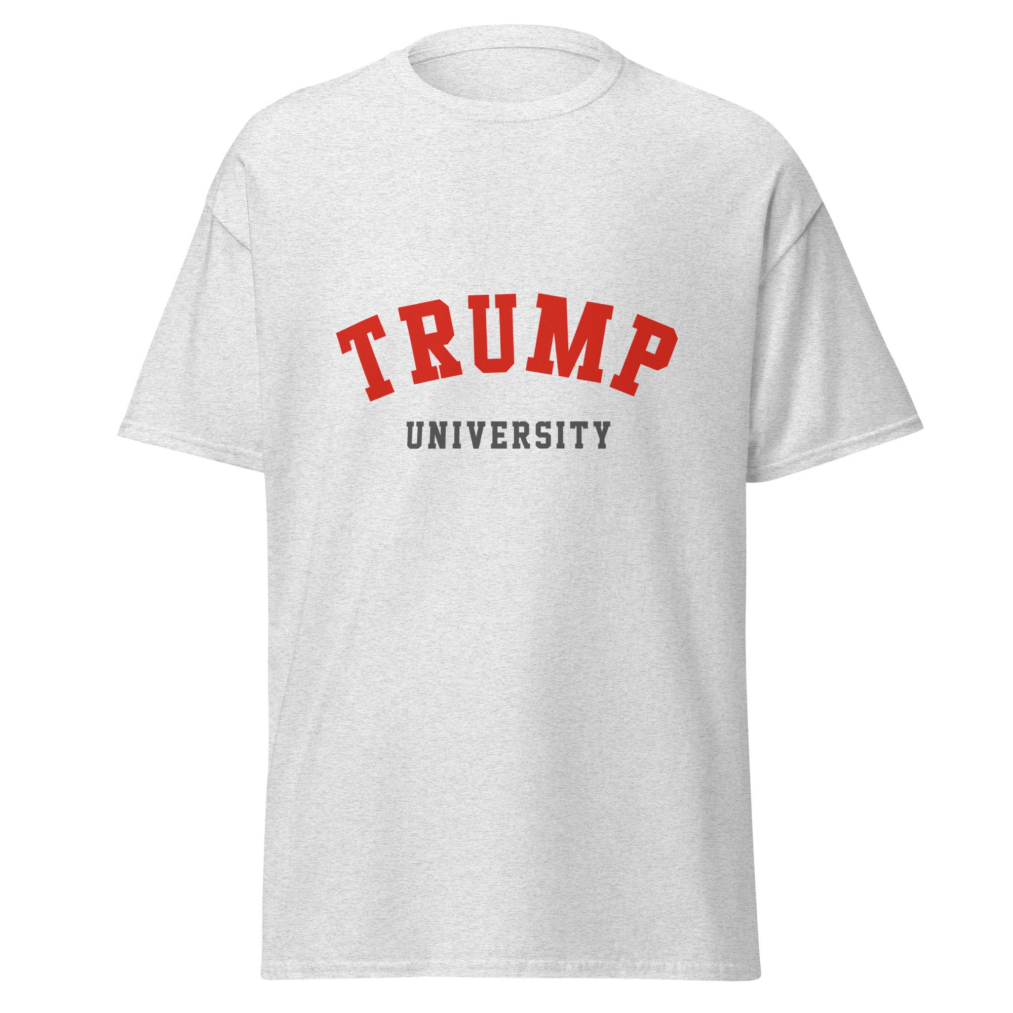 Unisex navy blue t-shirt featuring Trump University logo printed across the front chest