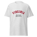 Unisex heather gray t-shirt featuring Virginia Military Institute logo printed across the front chest
