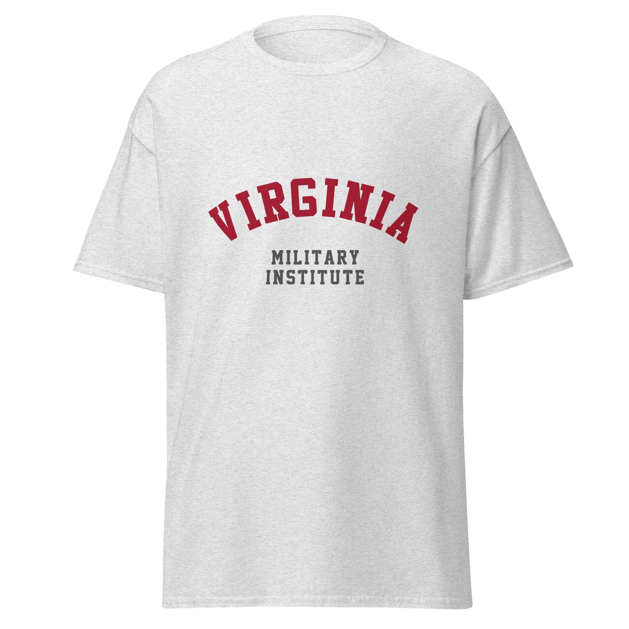 Unisex heather gray t-shirt featuring Virginia Military Institute logo printed across the front chest
