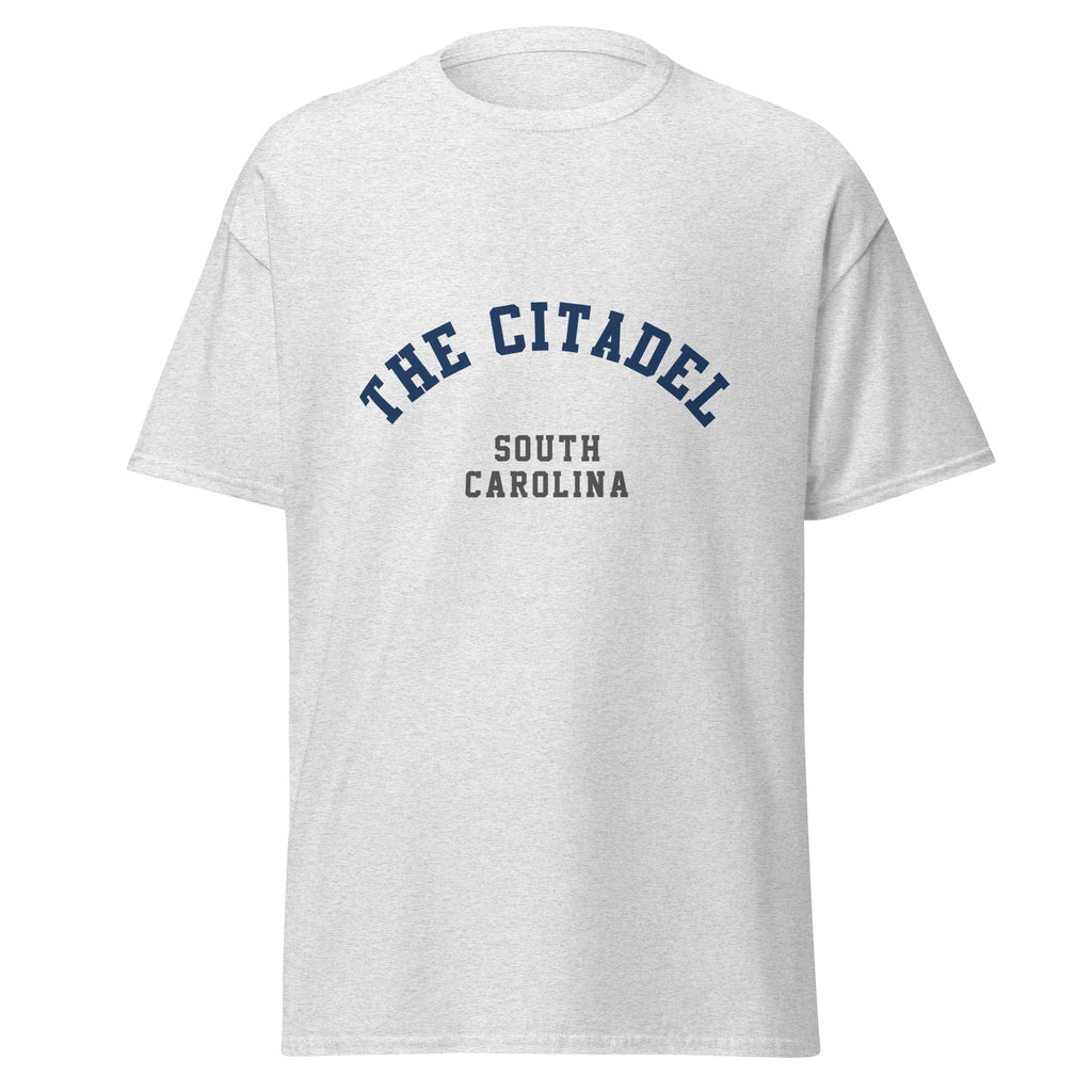Unisex heather gray t-shirt featuring The Citadel logo printed across the front chest