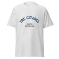 Unisex heather gray t-shirt featuring The Citadel logo printed across the front chest