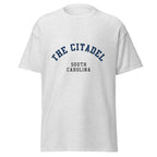 Unisex heather gray t-shirt featuring The Citadel logo printed across the front chest