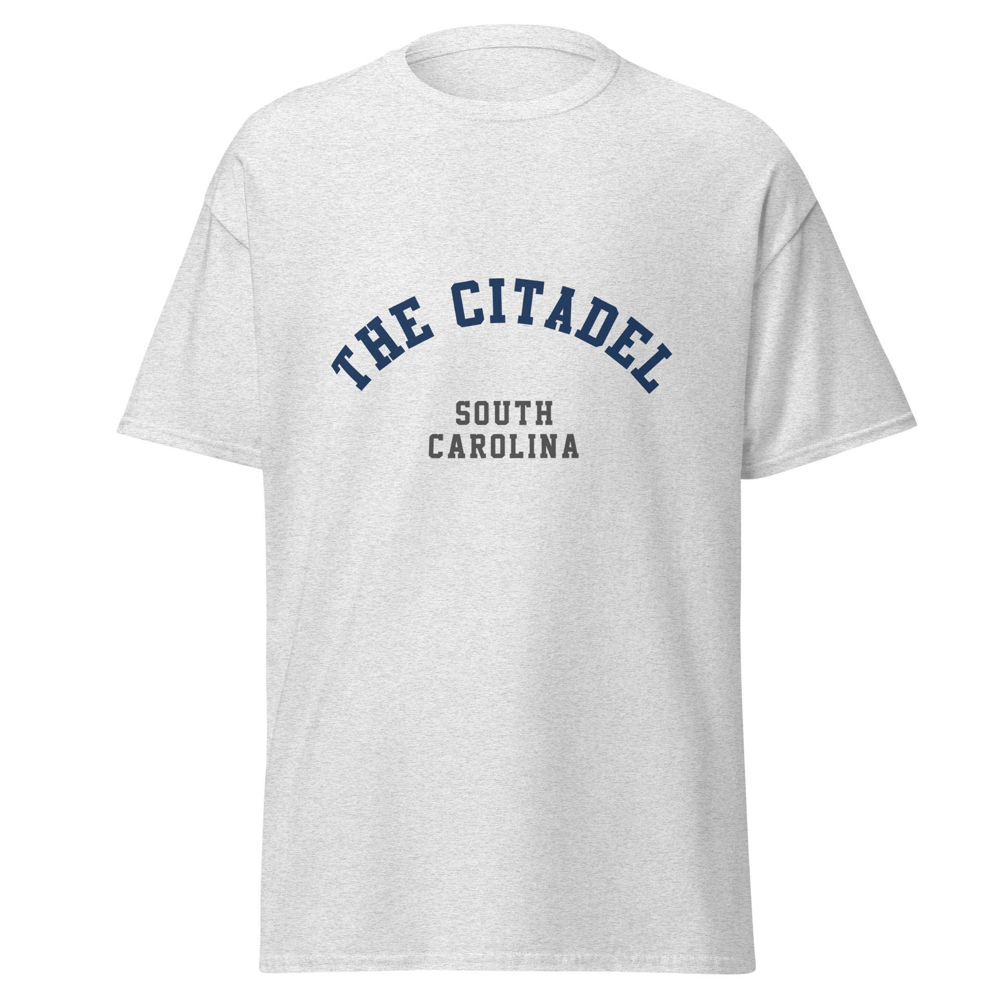 Unisex heather gray t-shirt featuring The Citadel logo printed across the front chest