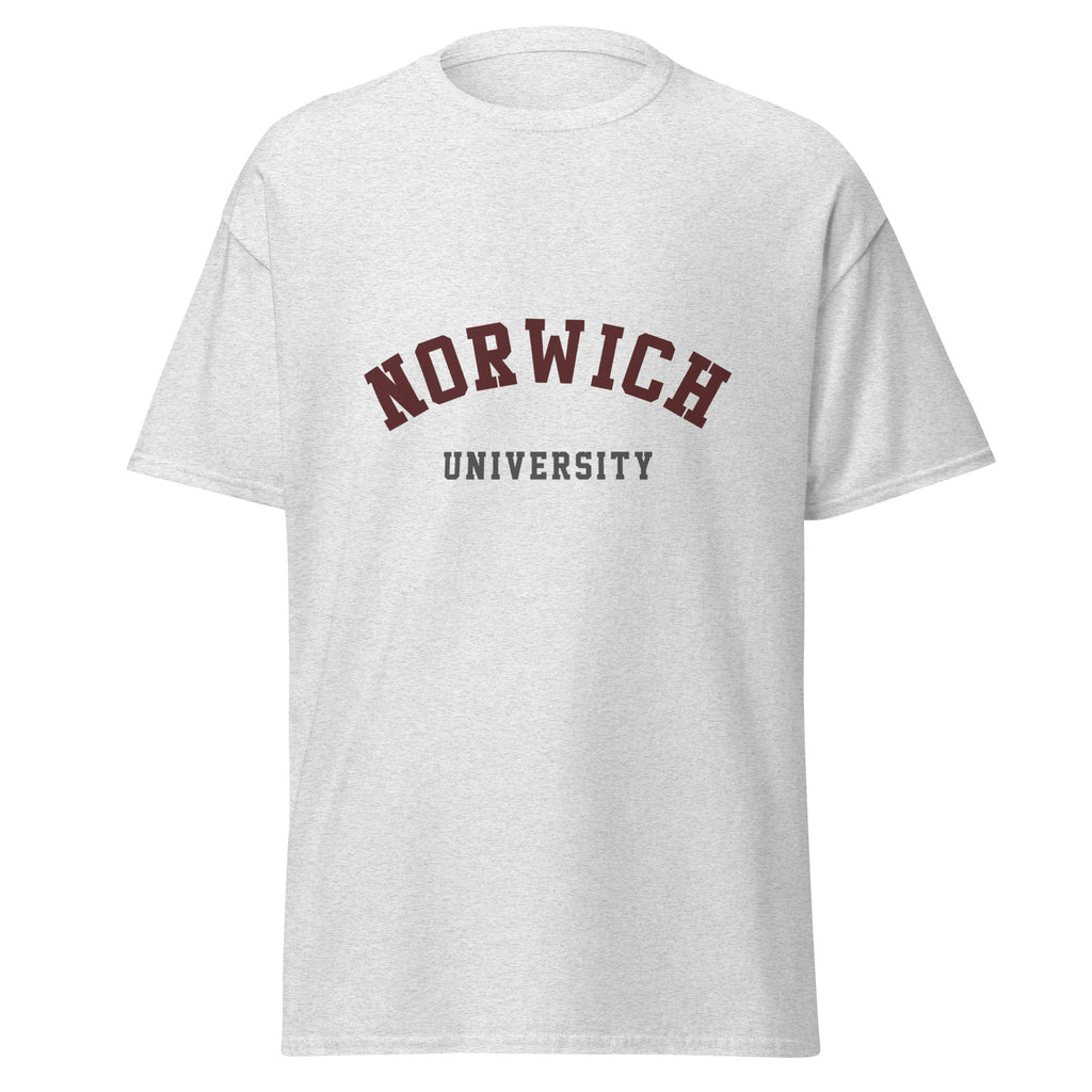 Unisex heather gray t-shirt featuring Norwich University logo printed across the front chest