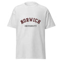 Unisex heather gray t-shirt featuring Norwich University logo printed across the front chest