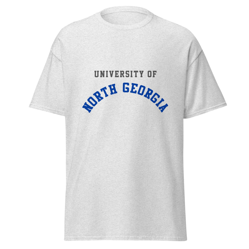 Unisex heather gray t-shirt featuring University of North Georgia logo printed across the front chest