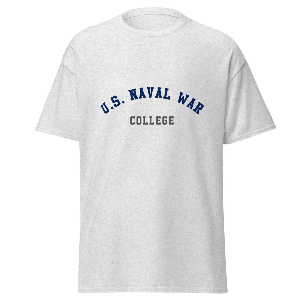 Unisex heather gray t-shirt featuring US Naval War College logo printed across the front chest