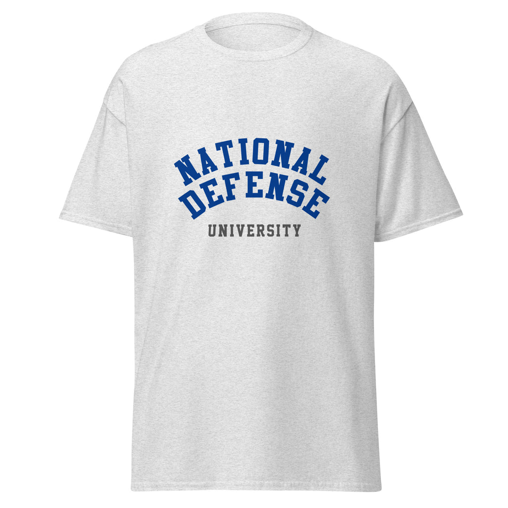 Unisex heather gray t-shirt featuring National Defense University logo printed across the front chest