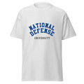 Unisex heather gray t-shirt featuring National Defense University logo printed across the front chest