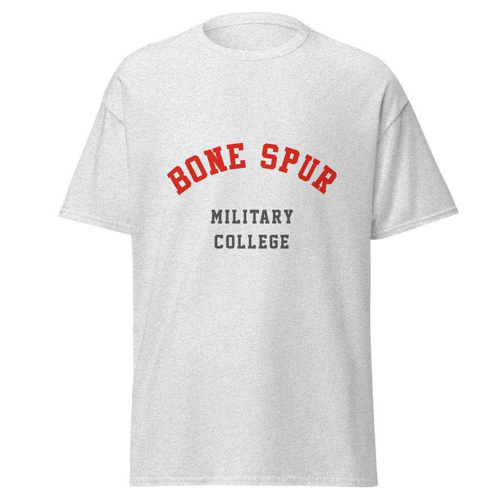 Unisex heather gray t-shirt featuring Bone Spur Military College logo printed across the front chest
