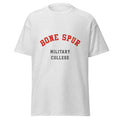 Unisex heather gray t-shirt featuring Bone Spur Military College logo printed across the front chest