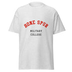 Unisex heather gray t-shirt featuring Bone Spur Military College logo printed across the front chest