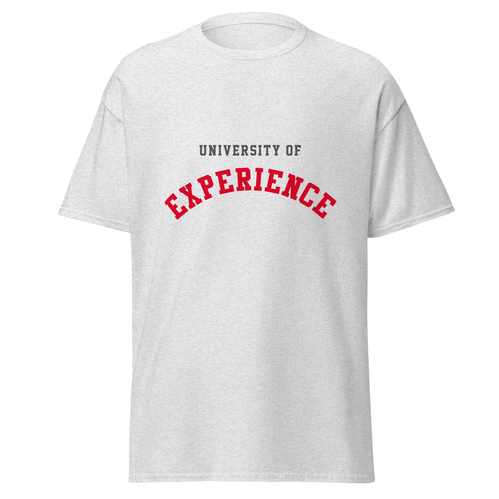 Unisex heather gray t-shirt featuring University of Experience logo printed across the front chest