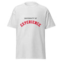 Unisex heather gray t-shirt featuring University of Experience logo printed across the front chest