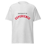 Unisex heather gray t-shirt featuring University of Experience logo printed across the front chest