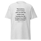 Unisex black t-shirt with James 1:2-3 Bible verse printed across the chest
