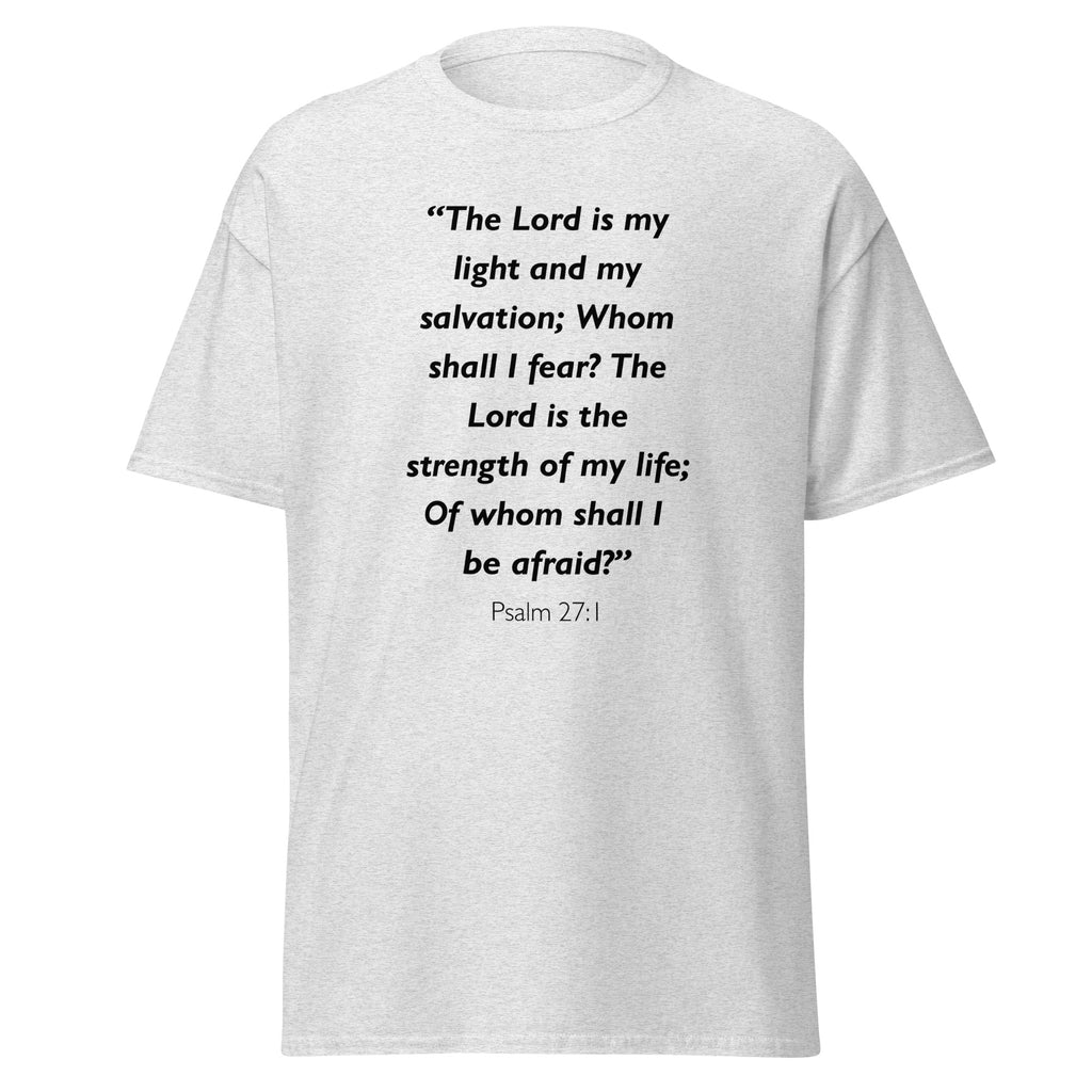 Unisex black t-shirt with Psalm 27:1 Bible verse printed across the chest