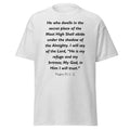 Unisex heather gray t-shirt with Psalm 91:1-2 Bible verse printed across the chest