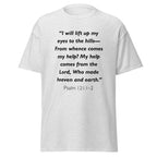 Unisex black t-shirt with Psalm 121:1-2 Bible verse printed across the chest