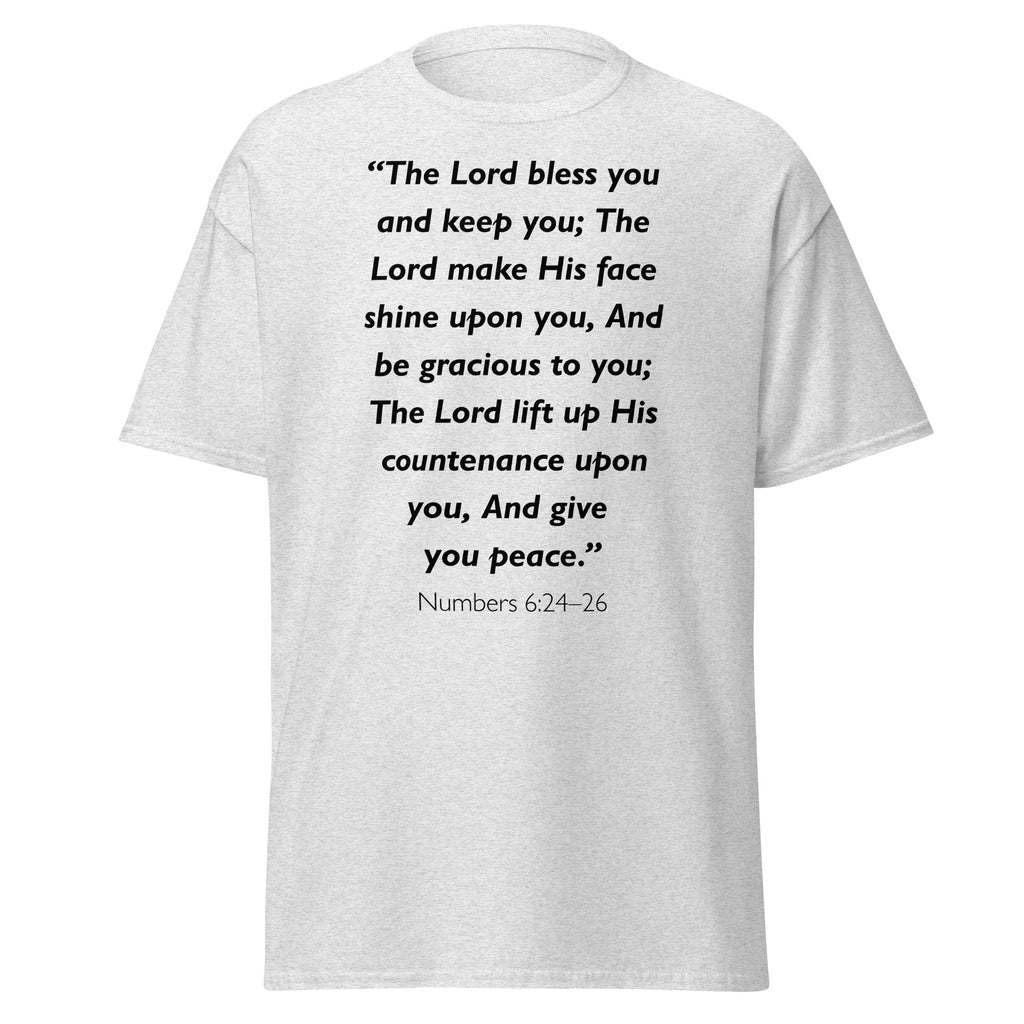 Unisex heather gray t-shirt with Numbers 6:24-26 Bible verse printed across the chest