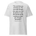 Unisex heather gray t-shirt with Numbers 6:24-26 Bible verse printed across the chest