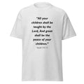 Unisex black t-shirt with Isaiah 54:13 Bible verse printed across the chest
