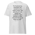 Unisex heather gray t-shirt with Psalm 139:13-14 Bible verse printed across the chest