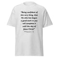 Unisex heather gray t-shirt with Philippians 1:6 Bible verse printed across the chest