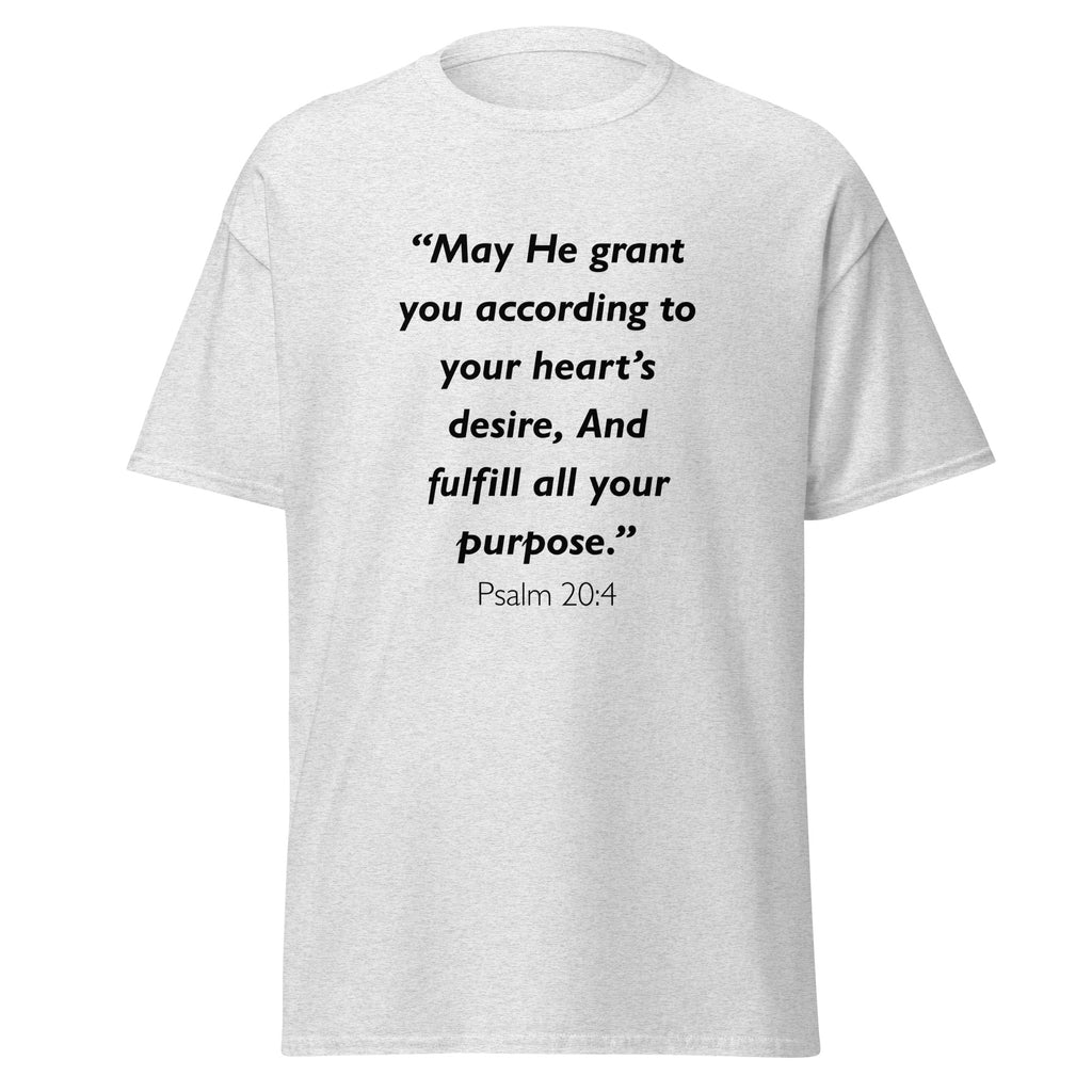 Unisex black t-shirt with Psalm 20:4 Bible verse printed across the chest