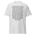 Unisex heather gray t-shirt with Hebrews 12:1-2 Bible verse printed across the chest