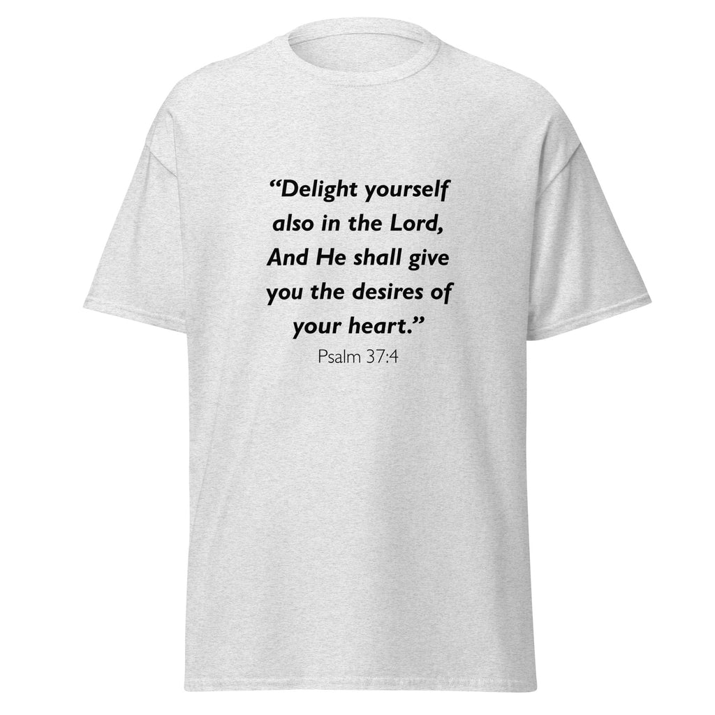 Unisex heather gray t-shirt with Psalm 37:4 Bible verse printed across the chest