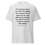 Unisex black t-shirt with Zephaniah 3:17 Bible verse printed across the chest