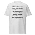 Unisex heather gray t-shirt with Acts 1:8 Bible verse printed across the chest