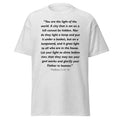 Unisex heather gray t-shirt with Matthew 5:14-16 Bible verse printed across the chest