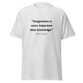 Unisex heather gray t-shirt featuring Albert Einstein Imagination Knowledge quote typography printed across the front chest