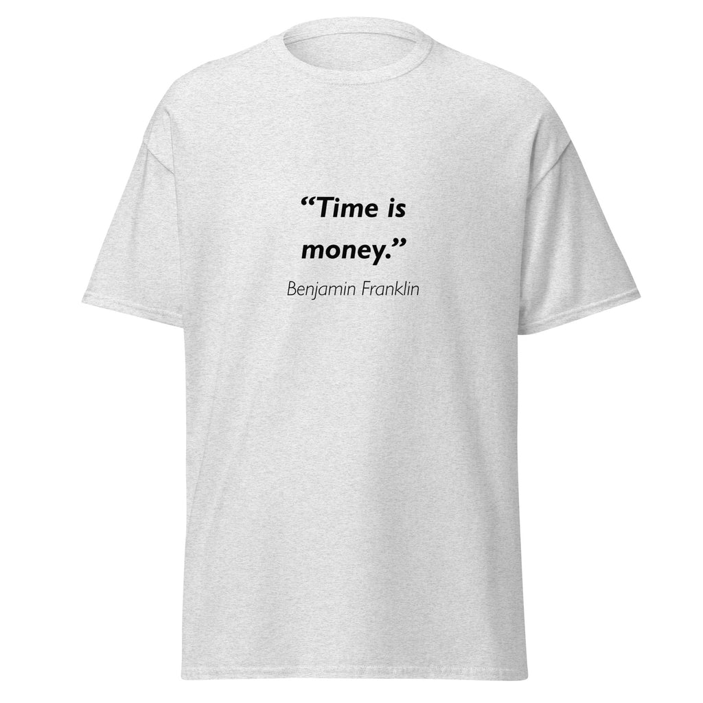 Unisex black t-shirt featuring Benjamin Franklin Time is Money quote typography printed across the front chest