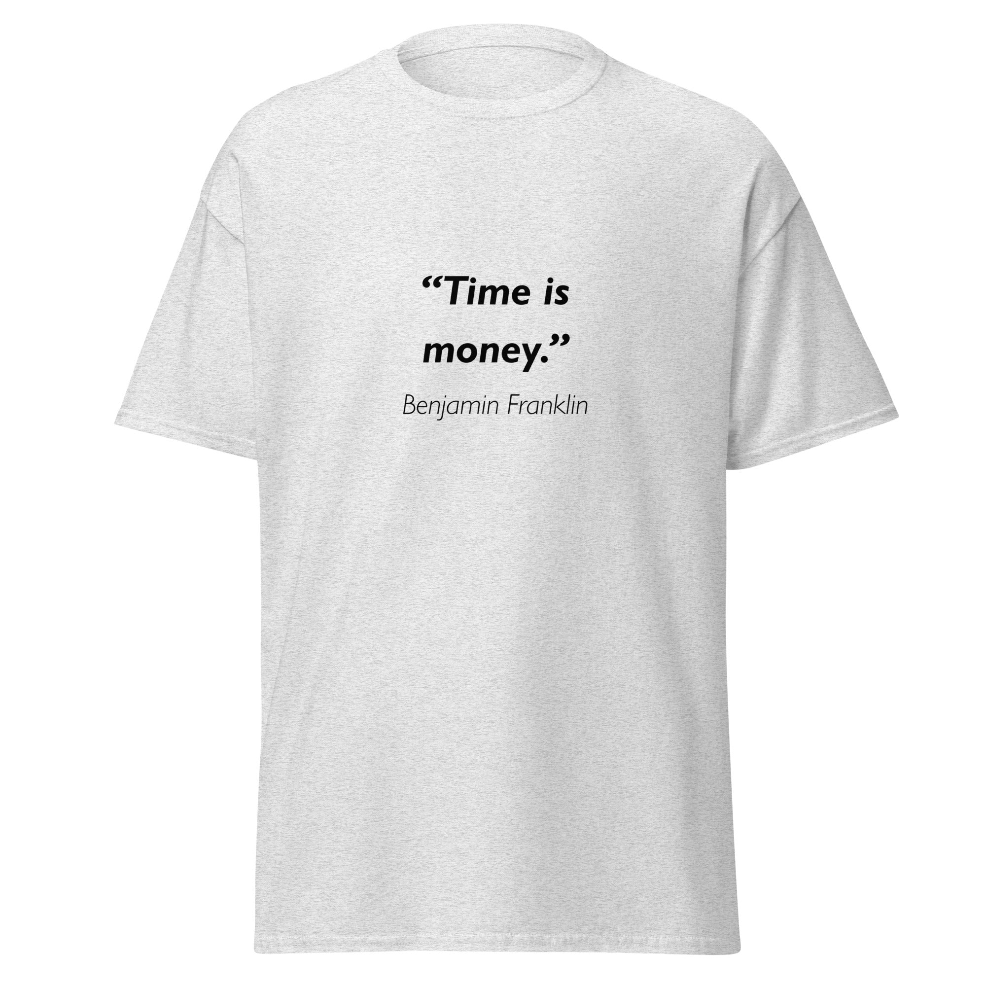Unisex black t-shirt featuring Benjamin Franklin Time is Money quote typography printed across the front chest