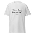 Unisex heather gray t-shirt featuring Horace Carpe Diem quote typography printed across the front chest
