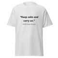 Unisex heather gray t-shirt featuring vintage Keep Calm poster artwork printed across the front