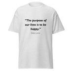 Unisex black t-shirt featuring Dalai Lama Purpose quote typography printed across the front chest