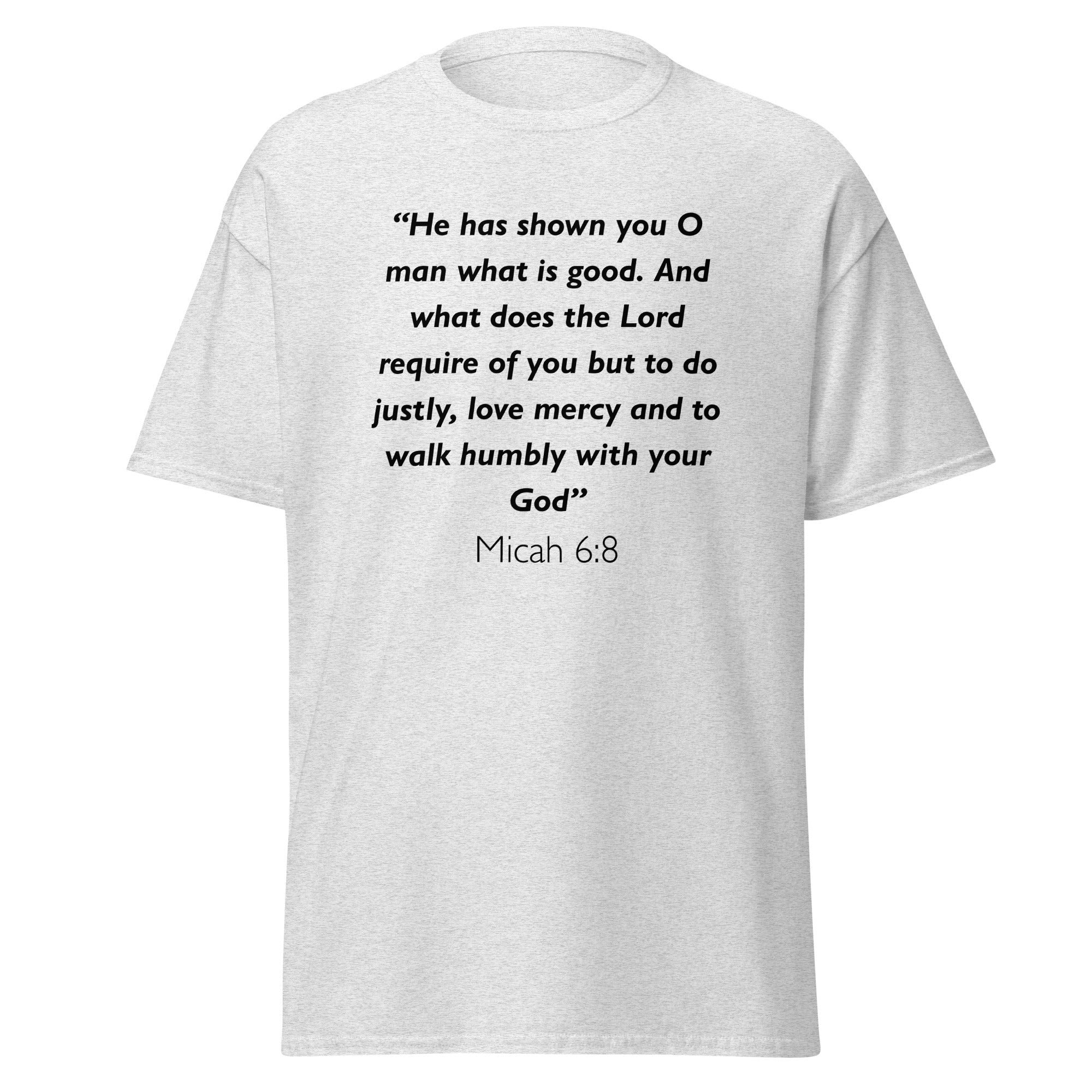Unisex black t-shirt with Micah 6:8 Bible verse printed across the chest