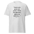 Unisex black t-shirt with Isaiah 1:17 Bible verse printed across the chest