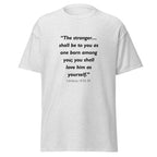 Unisex black t-shirt with Leviticus 19:33-34 Bible verse printed across the chest