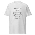 Unisex heather gray t-shirt with Matthew 5:10 Bible verse printed across the chest