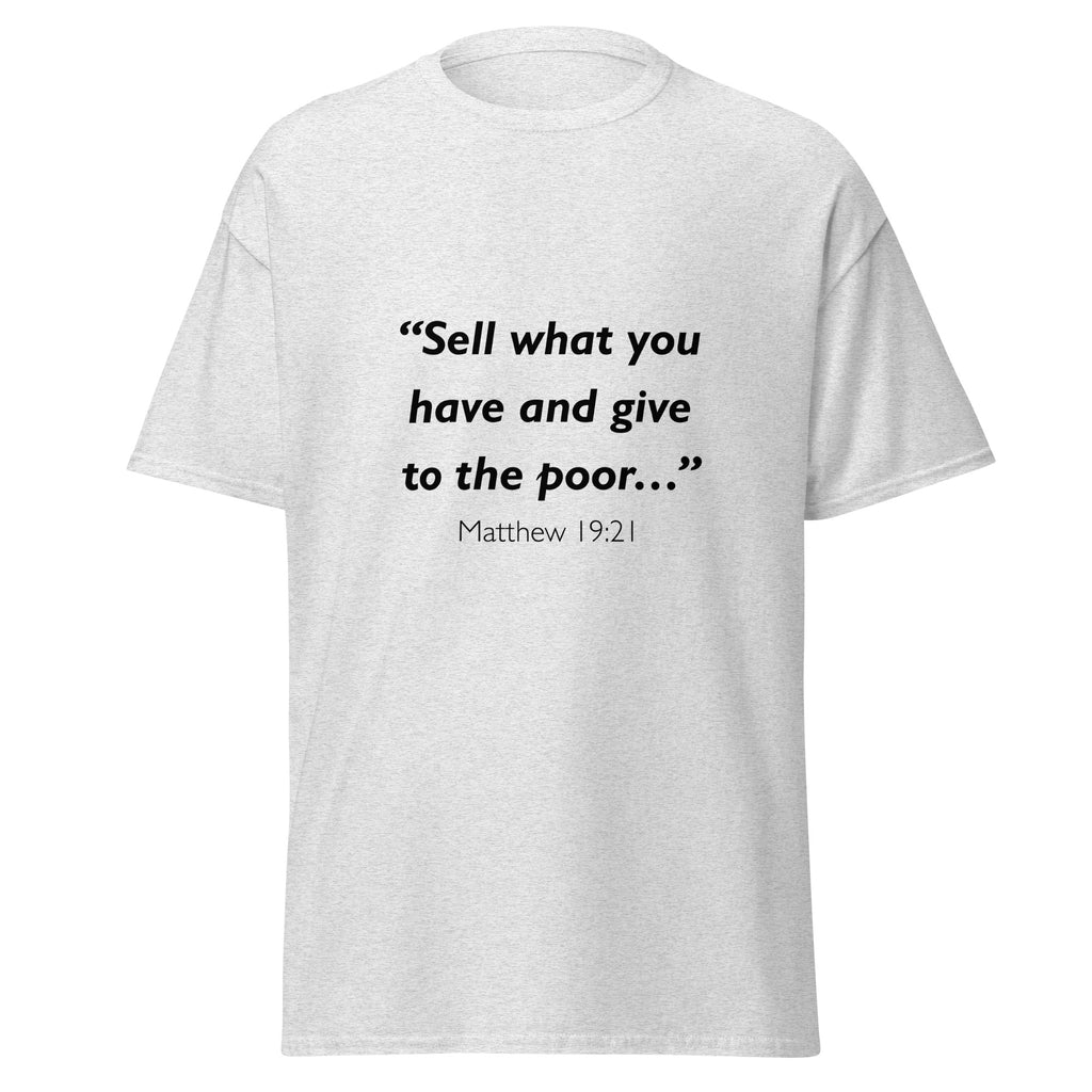 Unisex black t-shirt with Matthew 19:21 Bible verse printed across the chest